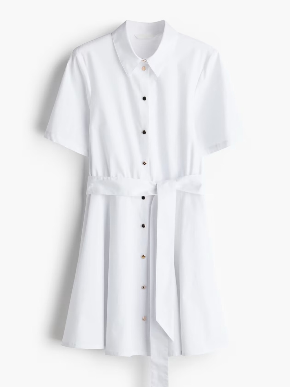 H&M White Short-Sleeve Shirt Dress with Waist Tie